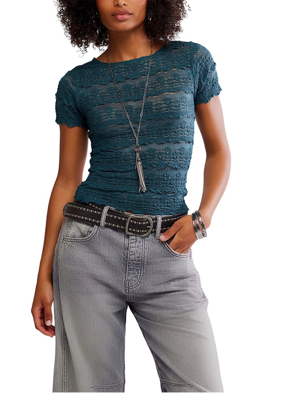 Free People Angelina Lace Tee, Size MEDIUM